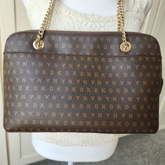 DKNY Signature Logo Maddison Dome Shoulder Bag Satchel Top Zip Brown Gold Chain - Picture 4 of 16